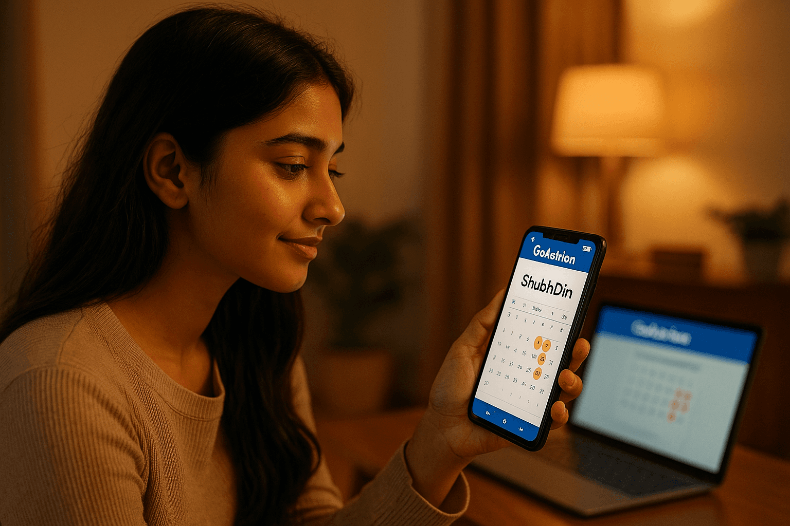 Smiling young woman checking a calendar on her phone, hopeful about a good day